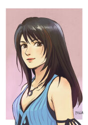  arm_ribbon artist_name bare_shoulders black_hair black_ribbon black_tank_top blue_cardigan border breasts brown_eyes cardigan cleavage closed_mouth felia_hanakata female final_fantasy final_fantasy_viii gradient_background jewelry lips long_hair looking_at_viewer necklace outside_border pink_lips ribbed_cardigan ribbon rinoa_heartilly sleeveless small_breasts solo tank_top upper_body white_border 