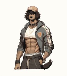  2024 abs anthro biped black_hair brown_body brown_fur canid canine canis domestic_dog fur hair heartofsenso hi_res looking_at_viewer male mammal muscular muscular_anthro muscular_male obliques solo 