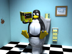  3d_(artwork) 4:3 ambiguous_gender avian beak bird blue_wall book bryan_hoff cracked_wall digital_media_(artwork) english_text feet feral floor for_dummies framed_picture holding_book holding_object igloo linux logo looking_at_book looking_at_object membrane_(anatomy) penguin reading reading_book sco_group sitting sitting_on_toilet solo text tile tile_floor toes toilet toilet_paper toilet_paper_dispenser toilet_paper_roll tux_(linux) url wall_(structure) webbed_feet yellow_beak yellow_feet 