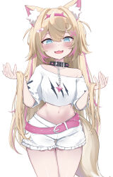  absurdres alternate_hair_length alternate_hairstyle animal_ear_fluff animal_ears bandaid bandaid_hair_ornament belt belt_collar black_collar blonde_hair blue_eyes breasts collar cropped_shirt dog_ears dog_girl dog_tail female frilled_shorts frills hair_ornament hand_grab highres hololive hololive_english long_hair looking_at_viewer miixxc mococo_abyssgard mococo_abyssgard_(1st_costume) multicolored_hair navel open_mouth pink_belt pink_hair shirt shorts small_breasts smile solo spiked_collar spikes streaked_hair tail virtual_youtuber white_shirt white_shorts x_hair_ornament 