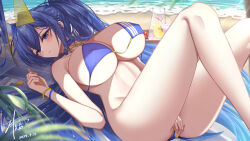  2024 absurdres ass averting_eyes azur_lane bare_shoulders beach bikini blue_bikini blue_eyes blue_hair blush breasts cleavage commentary covered_nipples covering_crotch covering_privates day drinking_straw embarrassed feet_out_of_frame female food fruit hair_between_eyes highres huge_breasts legs lemon lemon_slice long_hair looking_at_viewer lying new_jersey_(azur_lane) new_jersey_(midsummer_leisure)_(azur_lane) official_alternate_costume on_back outdoors sand signature solo summer swimsuit very_long_hair water z_shitei_ero 