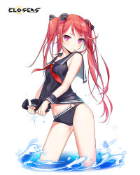  &gt;:( alternate_hair_color bare_shoulders bikini bikini_bottom_only black_bikini black_bow black_sailor_collar black_shirt black_wrist_cuffs bow breasts closed_mouth closers copyright_name cowboy_shot female groin hairbow highres logo long_hair looking_at_viewer luna_aegis_(closers) neckerchief official_art pink_eyes red_hair red_neckerchief sailor_collar shirt sleeveless sleeveless_shirt small_breasts solo swimsuit twintails v-shaped_eyebrows variant_set wading water wet wet_clothes wet_shirt white_background wringing_clothes wrist_cuffs 