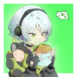  :t anby_demara bare_shoulders black_choker black_gloves border braid burger choker english_commentary female fingerless_gloves food gloves green_background green_eyes headphones heart highres holding holding_burger holding_food long_sleeves outside_border short_hair smile solo spoken_heart upper_body uri_matsuura white_border white_hair zenless_zone_zero 