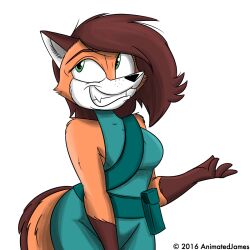  2016 animatedjames anthro bottomwear brown_body brown_fur brown_hair canid canine clothing female fluffy fluffy_tail fox fur hair macy mammal multicolored_body multicolored_fur orange_body orange_fur shirt shorts smile solo tail teeth topwear white_body white_fur 