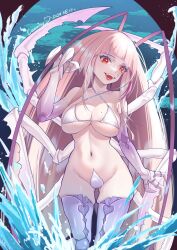  antenna_hair arthropod_girl bikini breasts canniny cockroach_girl fangs female halterneck highres large_breasts looking_at_viewer matara_kan monster_girl multicolored_hair open_mouth pink_hair smile solo splashing streaked_hair swimsuit virtual_youtuber vshojo water white_bikini 