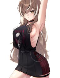  absurdres armpits black_choker black_hair black_skirt blush breasts brown_eyes brown_hair choker female hair_over_one_eye highres hololive hololive_english large_breasts long_hair looking_at_viewer nanashi_mumei nanashi_mumei_(emo) nightmare_(nanashi_mumei) official_alternate_costume sideboob skirt solevisionarts solo striped_clothes virtual_youtuber white_hair 