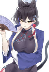  absurdres ahoge animal_ears black_dress black_hair blue_archive china_dress chinese_clothes dress female folding_fan hand_fan highres holding holding_fan kaguya_(blue_archive) looking_at_viewer short_hair simple_background smile solo tail white_background yellow_eyes yuusaoconomi 