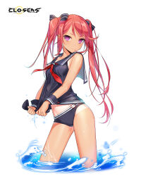  &gt;:( alternate_hair_color bare_shoulders bikini bikini_bottom_only black_bikini black_bow black_sailor_collar black_shirt black_wrist_cuffs bow breasts closed_mouth closers copyright_name cowboy_shot female groin hairbow highres logo long_hair looking_at_viewer luna_aegis_(closers) neckerchief official_art one-piece_tan pink_eyes red_hair red_neckerchief sailor_collar shirt sleeveless sleeveless_shirt small_breasts solo swimsuit tan tanlines twintails v-shaped_eyebrows variant_set wading water wet wet_clothes wet_shirt white_background wringing_clothes wrist_cuffs 