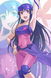  arm_up armpits black_hair bodysuit breasts commentary_request commission covered_navel falling_petals hand_on_own_hip highres knee_pads long_hair looking_at_viewer multiple_views nikulas_cage open_mouth original petals pink_bodysuit pixiv_commission purple_eyes small_breasts smile strapless_bodysuit very_long_hair wind 