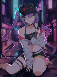  absurdres bare_shoulders baseball_cap black_hat black_shorts black_tank_top cityscape cropped_jacket female fishnet_thighhighs fishnets foot_out_of_frame green_eyes gun hat heart heart_tattoo highres holding holding_gun holding_weapon hololive leg_tattoo long_hair navel night purple_hair revolver shorts single_thighhigh solo tank_top tattoo thighhighs toa_0908 tokoyami_towa tokoyami_towa_(1st_costume) twintails virtual_youtuber weapon 