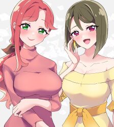  2girls absurdres bare_shoulders blush bow breasts brown_hair closed_mouth collarbone commentary_request earrings green_eyes hairbow highres inukai_youko jewelry large_breasts long_hair looking_at_viewer low_ponytail mikorin multiple_girls nekoyashiki_sumire parted_bangs pink_hair precure red_hair sash single_earring sweater turtleneck upper_body white_background wonderful_precure! 