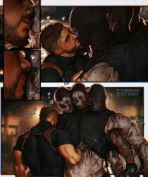  2boys bara black_hair black_shirt call_of_duty call_of_duty:_modern_warfare_2 clothes_lift facial_hair ghost_(modern_warfare_2) highres holster kissing kissing_cheek large_pectorals male_focus mask multiple_boys muscular muscular_male pectorals shirt short_hair shoulder_holster skull_mask soap_(modern_warfare_2) twitter_username umikochannart yaoi 