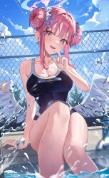  absurdres angel_wings bare_shoulders black_one-piece_swimsuit blue_archive blue_sky blush breasts cloud collarbone commentary competition_school_swimsuit day double_bun feathered_wings female finger_to_mouth hair_bun halo highres large_breasts looking_at_viewer low_wings mika_(blue_archive) one-piece_swimsuit open_mouth outdoors pink_hair pink_halo poolside school_swimsuit short_hair_with_long_locks sitting sky smile soaking_feet solo swimsuit trinity_general_school_swimsuit water wet white_wings wing_ornament wings wolla yellow_eyes 