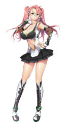  boots breasts brown_eyes cleavage closed_mouth collarbone commentary_request female glasses hand_on_own_hip highschool_of_the_dead knee_boots layered_skirt long_hair looking_at_viewer medium_breasts navel official_art pink_hair pleated_skirt serious shiny_skin simple_background skirt solo taimanin_(series) taimanin_rpgx takagi_saya thighs white_background 