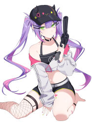  absurdres bare_shoulders baseball_cap black_hat black_shorts black_tank_top cropped_jacket female fishnet_thighhighs fishnets foot_out_of_frame green_eyes gun hat heart heart_tattoo highres holding holding_gun holding_weapon hololive leg_tattoo long_hair navel purple_hair revolver shorts simple_background single_thighhigh solo tank_top tattoo thighhighs toa_0908 tokoyami_towa tokoyami_towa_(1st_costume) twintails virtual_youtuber weapon white_background 