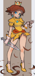  alternate_hair_length alternate_hairstyle aqua_gemstone blue_eyes breasts brown_hair chest_jewel crown dagger dakusuta dress earrings flipped_hair flower_brooch flower_earrings gem gloves gold_crown green_gemstone hand_up high_heels highres holding holding_dagger holding_knife holding_own_hair holding_weapon jeweled_crown jewelry knife light_frown looking_at_viewer loose_hair_strand mario_(series) medium_breasts microdress mini_crown panties princess princess_daisy puffy_short_sleeves puffy_sleeves short_hair short_sleeves skirt solo torn_clothes torn_dress torn_skirt underwear weapon white_gloves yellow_dress yellow_footwear 