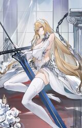  absurdres azur_lane bare_shoulders bayard_(azur_lane) blonde_hair blue_eyes boots breasts detached_sleeves dress female flantia foot_out_of_frame hair_between_eyes highres holding holding_sword holding_weapon long_hair looking_at_viewer medium_breasts see-through_curtains sideboob solo sword thigh_boots thighhighs very_long_hair weapon white_dress white_footwear white_sleeves white_thighhighs wing_hair_ornament 