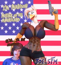  3d_(artwork) accipitrid accipitriform american_flag anthro avian beak bikini bikini_top bird blush breasts clothed clothing dialogue digital_media_(artwork) duo eagle female flag gun hair hi_res human joelsfm looking_at_viewer madison_(joelsfm) male male/female mammal ranged_weapon source_filmmaker_(artwork) swimwear tongue two-piece_swimsuit united_states_of_america weapon 