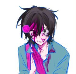  1boy aqua_shirt black_eyes black_hair bleeding_from_forehead blood blood_on_clothes blood_on_face chinese_commentary collared_shirt commentary_request constricted_pupils flower freckles fu_shun_(touqi_guaitan) gloves grin hair_between_eyes hair_flower hair_ornament highres junxiu_di_maoyi male_focus nervous_smile open_collar palms_together pink_blood pink_flower pink_gloves shirt short_hair simple_background single_glove single_tear smile solo touqi_guaitan upper_body white_background wide-eyed 