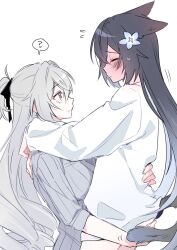  2girls 6_(yuchae) ? animal_ears arms_around_neck black_hair blush bronya_zaychik bronya_zaychik_(silverwing:_n-ex) closed_eyes closed_mouth commentary_request dog_ears dog_girl dog_tail flower flying_sweatdrops grabbing_another&#039;s_ass grey_hair grey_sweater groping hair_flower hair_ornament hand_on_another&#039;s_waist highres honkai_(series) honkai_impact_3rd kemonomimi_mode long_hair long_sleeves looking_at_another multiple_girls ribbed_sweater seele_vollerei seele_vollerei_(herrscher_of_rebirth) shirt simple_background sitting sitting_on_lap sitting_on_person spoken_question_mark sweater tail white_background white_flower white_shirt yuri 