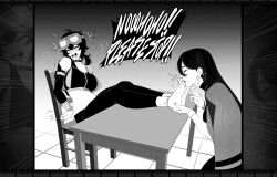  2girls barefoot black_hair blush bound bound_ankles bound_wrists chair closed_eyes feet feet_on_table foot_worship goggles goggles_on_head grace_howard highres kusujinn laughing licking licking_foot monochrome multiple_girls soles sweat table tickling toes zenless_zone_zero 