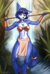  anthro bikini bikini_top blue_body blue_eyes blue_hair breasts canid canine clothed clothing digital_media_(artwork) female forest fox fur gold_(metal) gold_jewelry hair hi_res holding_object holding_weapon jewelry jungle krystal_(star_fox) looking_at_viewer mammal meosh necklace nintendo plant smile smiling_at_viewer solo standing star_fox swimwear tail tree two-piece_swimsuit weapon white_body white_fur 