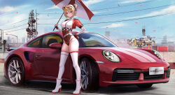  absurdres ankle_boots bikini blue_sky boots car commission cropped_jacket double_bun eyewear_on_head female fingerless_gloves girls&#039;_frontline gloves hair_bun highleg highleg_bikini highres kcar66t light_brown_hair location_request motor_vehicle navel p90_(girls&#039;_frontline) pixiv_commission porsche porsche_911 porsche_992 race_queen radio_antenna red_eyes see-through shrug_(clothing) sky solo sunglasses swimsuit thighhighs tinted_eyewear white_footwear white_thighhighs yellow-tinted_eyewear 