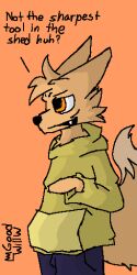  1:2 absurd_res anthro big_tail bottomwear canid canine clothing confident digital_media_(artwork) fluffy fluffy_tail fox fur goodwillw hi_res hoodie lin_fox_(goodwillw) male mammal orange_background orange_body orange_fur pants pixel_(artwork) rude shorty_doggy simple_background snaggle_tooth tail topwear 