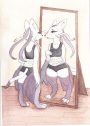  anthro casual_clothing claws fawnshyart female generation_5_pokemon looking_at_mirror looking_at_object mature_female mienshao mirror nintendo pokemon pokemon_(species) shoa_mien solo tail toe_claws traditional_media_(artwork) worried wounded 