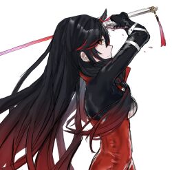  black_bodysuit black_hair black_horns bodysuit female gradient_hair highres holding holding_sword holding_weapon horns long_hair lucia:_lotus_(daybreak)_(punishing:_gray_raven) lucia_(punishing:_gray_raven) metanait510 multicolored_hair punishing:_gray_raven red_bodysuit red_eyes red_hair solo streaked_hair sword two-tone_bodysuit weapon white_background 