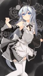  alternate_costume animal_ears apron black_dress blue_eyes bow bowtie closed_mouth commentary_request detached_collar detached_sleeves dress enmaided feet_out_of_frame female frown grey_hair hairband highres horse_ears horse_girl horse_tail long_hair looking_at_viewer maid maid_apron oekakikujira sleeveless sleeveless_dress solo standing tail tamamo_cross_(umamusume) thighhighs umamusume v-shaped_eyebrows white_thighhighs 