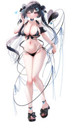  ayuma_sayu bikini black_bikini black_hair bracelet breasts demon_tail double_bun female hair_bun hair_ornament head_wings highres jewelry large_breasts long_hair navel one_eye_closed original pink_eyes sandals side-tie_bikini_bottom simple_background solo standing swimsuit tail white_background wings 