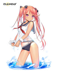  &gt;:( bare_shoulders bikini bikini_bottom_only black_bikini black_bow black_sailor_collar bow breasts closed_mouth closers copyright_name cowboy_shot female groin hairbow highres logo long_hair looking_at_viewer luna_aegis_(closers) neckerchief official_art one-piece_tan orange_hair pink_eyes red_neckerchief sailor_collar shirt sleeveless sleeveless_shirt small_breasts solo swimsuit tan tanlines twintails v-shaped_eyebrows variant_set wading water wet wet_clothes wet_shirt white_background white_shirt white_wrist_cuffs wringing_clothes wrist_cuffs 