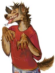  anthro claws closed_eyes grin hi_res hyena male mammal mane messy_mane rockthecoon sharp_teeth smile solo spotted_hyena teeth tongue tongue_out 