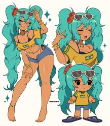  adjusting_eyewear arm_up artist_name barefoot black_footwear blue_hair bracelet brazilian_miku breasts chibi cleavage closed_eyes cremanata crop_top earrings female flip-flops hatsune_miku highres jewelry large_breasts long_hair navel necklace open_mouth sandals simple_background solo sunglasses teeth tongue tongue_out twintails upper_teeth_only vocaloid white-framed_eyewear white_background 