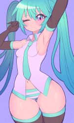  absurdres aqua_eyes aqua_hair bare_shoulders blue_eyes blue_hair blush breasts detached_sleeves female hair_between_eyes hair_ornament hatsune_miku highres long_hair looking_at_viewer necktie nishitin panties shirt simple_background sleeveless solo thighhighs twintails underwear very_long_hair vocaloid 