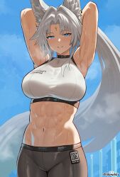  abs absurdres animal_ear_fluff animal_ears armpits arms_behind_head blue_eyes blush bonz_(bonz0616) breasts commentary covered_collarbone cowboy_shot crop_top english_commentary feixiao_(honkai:_star_rail) female forehead_jewel fox_ears fox_girl grey_pants highres honkai:_star_rail honkai_(series) large_breasts long_hair navel pants parted_bangs qr_code shirt sidelocks smile solo stomach sweat toned_female twitter_username very_long_hair white_shirt workout_clothes 