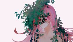  1boy absurdres chinese_commentary closed_mouth collarbone commentary_request fei28450 hatsutori_hajime highres leaf light_smile long_hair male_focus nude pink_hair plant portrait red_eyes saibou_shinkyoku simple_background solo white_background 