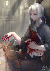  belt blood bloodborne cleaning female fire hat highres injury lady_maria_of_the_astral_clocktower long_hair pin.s ponytail solo undressing white_hair 