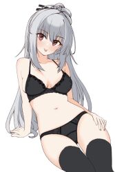  :p ahoge arm_at_side black_panties black_ribbon black_thighhighs blush breasts breasts_apart closed_mouth collarbone commentary dracu-riot! dutch_angle elena_olegovna_owen feet_out_of_frame female grey_hair hair_ribbon hand_on_own_thigh head_tilt huge_ahoge large_breasts lingerie long_hair looking_at_viewer navel panties ponytail red_eyes ribbon seductive_smile simple_background sitting smile solo stomach straight_hair tft_(tft7822) thighhighs tongue tongue_out tsurime underwear underwear_only very_long_hair white_background 