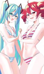  bikini blue_bikini blue_eyes blue_hair commentary cowboy_shot drill_hair flying_sweatdrops hatsune_miku highres holding_hands kasane_teto looking_at_viewer mamama_0001 navel nervous_smile red_bikini red_eyes red_hair skindentation smile standing striped_bikini striped_clothes swimsuit twin_drills twintails utau vocaloid 