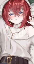  :s ange_katrina ange_katrina_(5th_costume) arms_up belt blue_eyes blurry_edges blush brown_belt clothing_cutout crossed_bangs earrings ewn female hair_between_eyes hair_ornament hairclip highres jewelry looking_at_viewer lying medium_hair necklace nijisanji on_back on_bed red_hair ring shirt shoulder_cutout single_earring solo virtual_youtuber white_shirt 