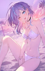  ahoge beach bikini black_choker blue_eyes blue_hair blush bracelet breasts choker cleavage cloud cloudy_sky collarbone commentary_request commission cowboy_shot earrings highres jewelry korinun_0234 looking_at_viewer medium_breasts medium_hair navel ocean on_ground one_eye_closed palm_tree purple_hair rana_(vocaloid) reflection reflective_water sand sideboob sitting skeb_commission sky smile sunset swimsuit tongue tongue_out tree virtual_youtuber vocaloid vsinger_(vocaloid) white_bikini 