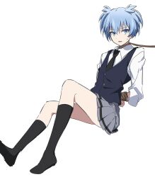  1boy ansatsu_kyoushitsu arms_behind_back black_necktie black_socks blue_eyes blue_hair blue_vest bound crossdressing dress_shirt full_body grey_skirt highres long_sleeves looking_to_the_side necktie otoko_no_ko parted_lips pleated_skirt shiota_nagisa shirt simple_background skirt socks tied_up_(nonsexual) vest white_background white_shirt yur11 