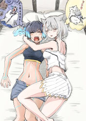  absurdres bare_legs blue_hair crop_top cuddling fiery_hair glowing_lines grey_hair highres hug miniskirt mio_(xenoblade) nemimin open_fly panties panty_peek sena_(xenoblade) shared_bed short_hair short_shorts shorts side_ponytail skirt sleeping sports_bra underwear xenoblade_chronicles_(series) xenoblade_chronicles_3 