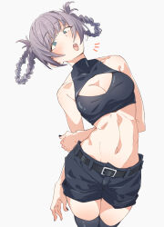  :o arm_behind_head black_nails black_shorts black_thighhighs blue_eyes blunt_bangs braid braided_hair_rings breasts cleavage_cutout clothing_cutout commentary cowboy_shot crop_top eitopondo female hair_rings highres holding_own_arm large_breasts looking_at_viewer nanakusa_nazuna_(yofukashi_no_uta) navel notice_lines open_mouth ringed_eyes short_hair shorts simple_background sleeveless sleeveless_turtleneck solo standing thighhighs turtleneck white_background yofukashi_no_uta 