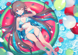  ainy artist_name balloon barefoot bikini blue_bikini blue_nails brown_hair commentary_request eyelashes female floating flower food full_body holding holding_food holding_ice_cream ice_cream long_hair looking_at_viewer lying nail_polish on_back one_eye_closed open_mouth original outdoors red_flower solo swim_ring swimsuit teeth upper_teeth_only very_long_hair water white_flower 