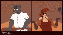  16:9 2023 2_panel_comic 4k absurd_res ambiguous_gender anarcho-bunnyist annoyed anthro backwards_baseball_cap backwards_hat baseball_cap brown_clothing brown_shirt brown_tank_top brown_topwear canid canine canis clothing desk dialogue dress_shirt drugs duo eyeless furniture gesture hat headgear headwear hi_res humor iggys_the_bunnytaur lagomorph lagomorph_taur leporid leporid_taur male mammal mammal_taur marijuana marijuana_blunt nonbinary_(lore) paper rabbit rabbit_taur red_eyes shirt smile speech_bubble table tank_top taur topwear widescreen wolf 