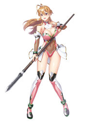  antenna_hair bare_shoulders blush boots breasts brown_eyes brown_hair cleavage commentary_request covered_navel female fingernails fishnets full_body gold_trim highschool_of_the_dead holding holding_weapon leotard long_hair medium_breasts miyamoto_rei official_art open_mouth polearm shiny_skin simple_background sleeveless smile solo spear thigh_boots thighs weapon white_background 