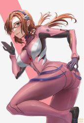  absurdres artist_name ass blue_eyes bodysuit breasts brown_hair dated english_commentary female glasses goddess_of_victory:_nikke highres interface_headset long_hair makinami_mari_illustrious multicolored_bodysuit multicolored_clothes neon_genesis_evangelion peaceterzero pilot_suit pink_bodysuit ponytail rebuild_of_evangelion red-framed_eyewear solo two-tone_gloves 